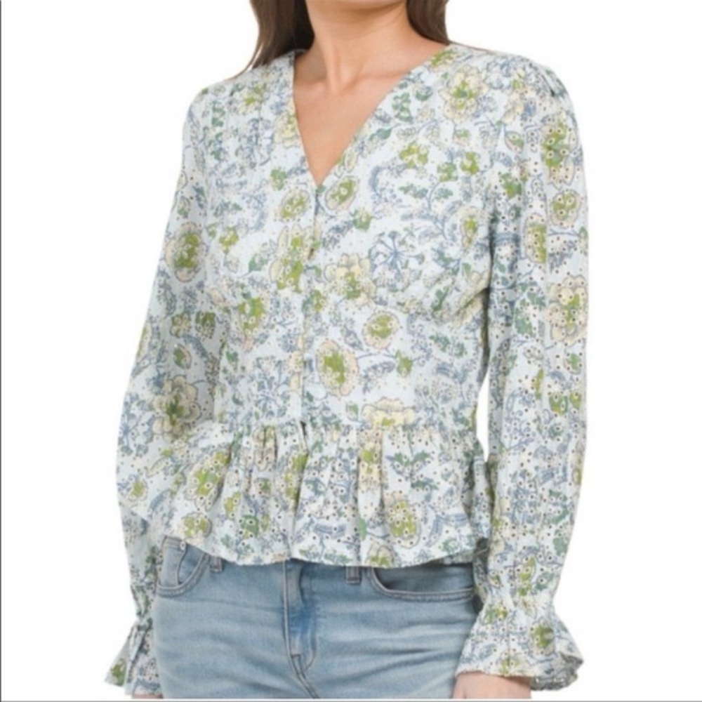 7 For All Mankind Blue and Green Floral Blouse